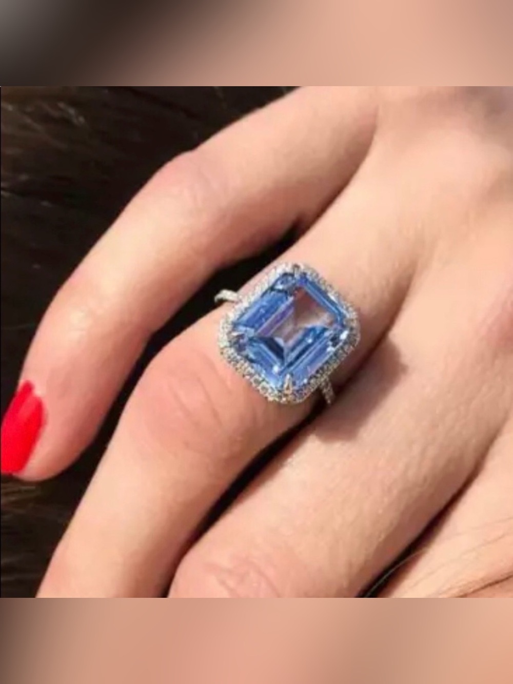 Aquamarine Blue Emerald-Cut Halo Costume Jewelry Ring Sz 9
